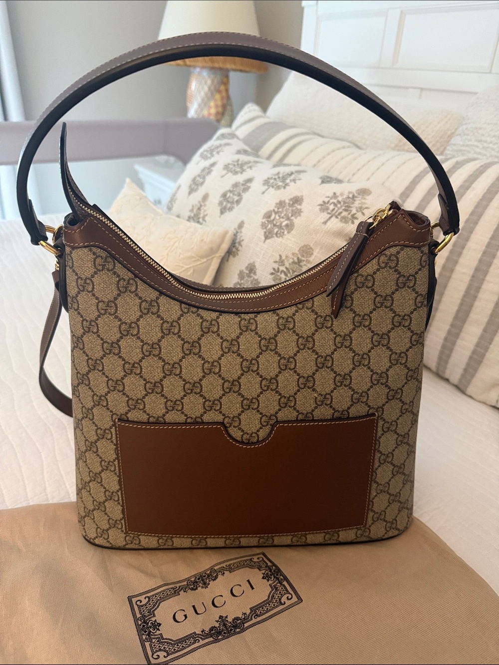 Gucci GG Canvas Shoulder Bag with Brown Leather Trim and Gold Hardware